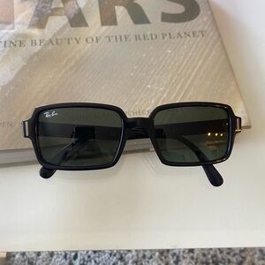 RayBay Benji rectangle sunglasses, black, green-ish lenses.